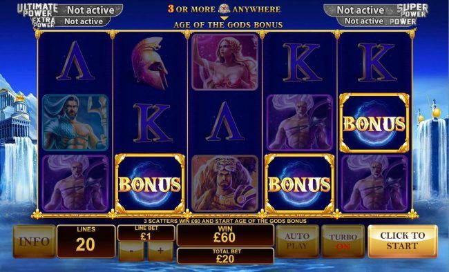 Three scatters win 60.00 and start Age of the Gods Bonus.