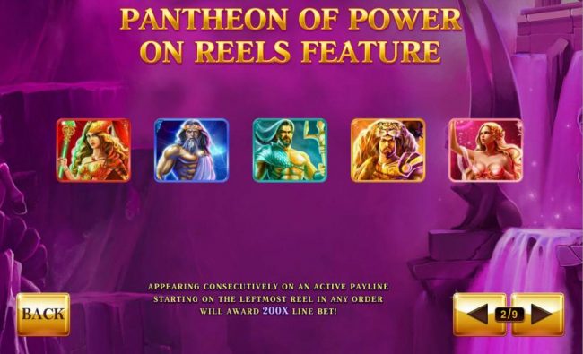 Pantheon of Power on reels feature - Appearing consecutively on an active payline starting on the leftmost reel in any order will award 200x line bet!