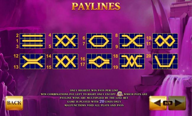 Payline Diagrams 1-20. Only highest win pays per line.