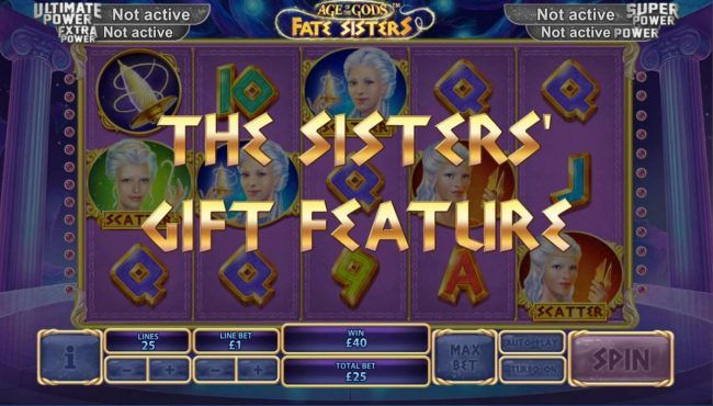 Landing each sister on reels 1, 3 and 5 triggers the Sisters Gift Feature, awarding 1 free re-spins!