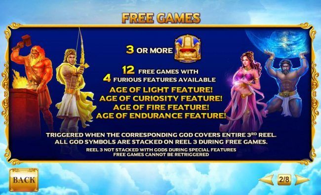 Three or more golden throne scatter symbols awards 12 free games with 4 furious features available.