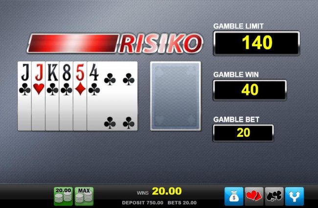 Risiko Gamble Feature - choose the color of the next card drawn. You can bet on red or black with the corresponding buttons.