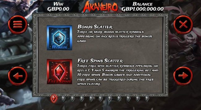 Bonus and Free Spins Scatter Symbols Rules - Three or more bonus scatter symbols appearing anywhere on reels triggers the bonus game. Three free spin scatter symbols appearing on reels 1, 3 and 5 awards the triggering bet and 10 free spins.