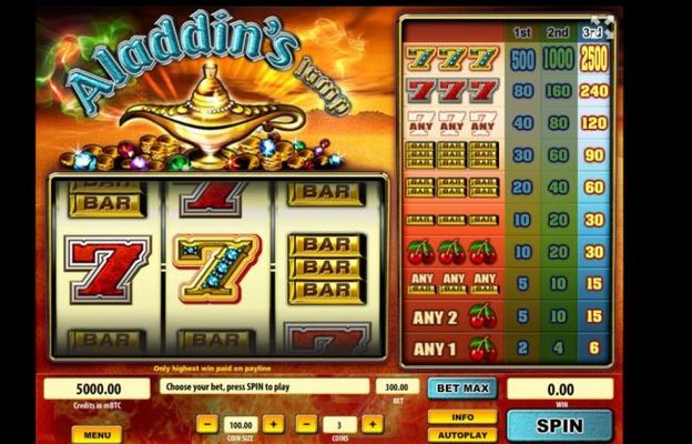 A magic lamp themed main game panel featuring three reels and 1 paylines with a $250,000 max payout