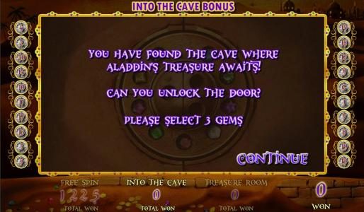 You have found the cave where Aladdins Treasure awaits! Cabn you unlock the door? Please Select 3 gems.
