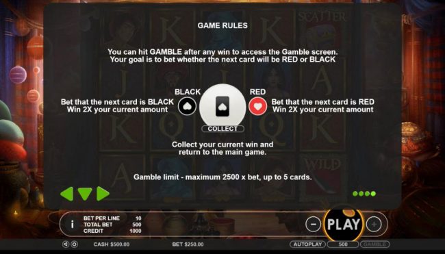 You can hit GAMBLE after any win to access the Gamble screen. Your goal is to bet whether the next card will be red or black.