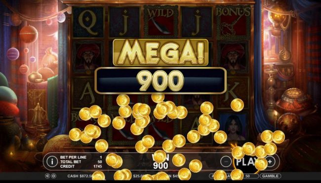 A 900 coin mega win is triggered by multiple winning lines.