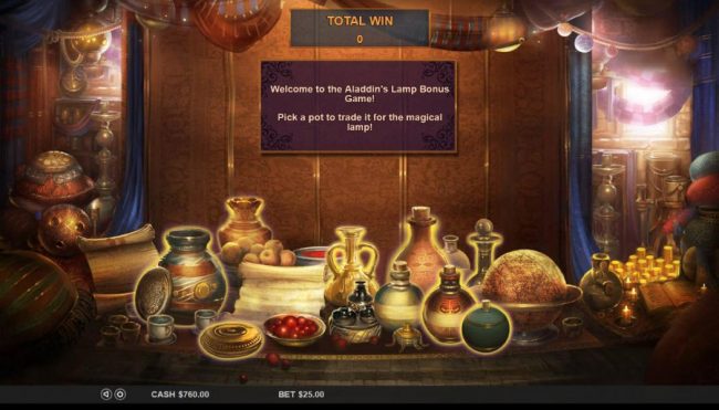 Welcome to the Aladdins Lamp Bonus Game. Pick a pot to trade it for the magical lamp.