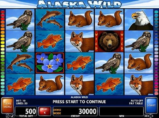 An Alaskan wilderness themed main game board featuring five reels and 50 paylines with a $10,000 max payout