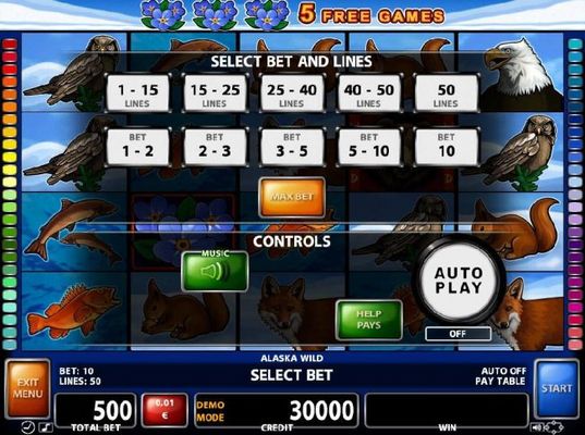 Select Bet and Lines - 1 to 50 Lines and 1 to 10 coins per line.