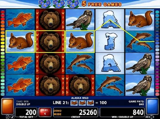 Stacked bear wild symbols triggers multiple winning combinations leading to an 840 credit payout.