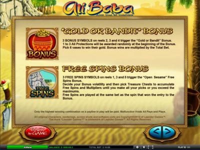Gold or Bandit Bonus and Free Spins Bonus feature game rules