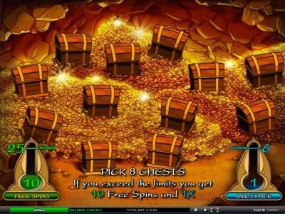 Pick 8 chests. If you exceed the limit you get 10 free spins and 1x