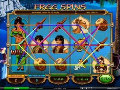 multiple winning paylines triggers a 603 coin big win during free spins bonus feature.