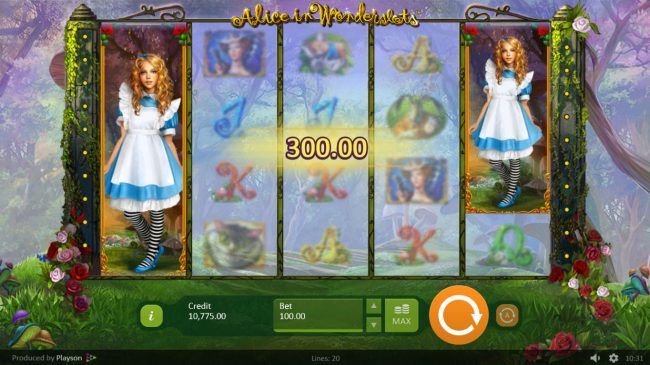 Stacked Alice symbols triggers a 300 coin win