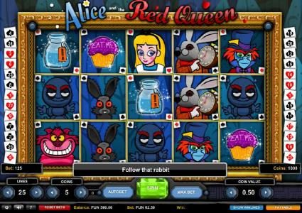 Main game board featuring five reels and 25 paylines with a $1,875 max payout