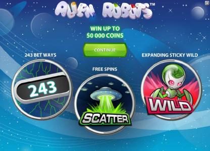 game features - win up to 50000 coins, 243 bet ways, free spins and expanding sticky wild