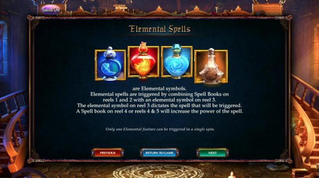Elemental Spells are triggered by combining Spell Books on reels 1 and 2 with an elemental symbol on reel 3.