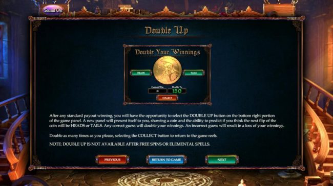 Duoble Up Feature - After any standard winning, you will have the opportunity to select the double up button on the bottom right portion of the game panel. Guess what the next flip of the coin will be heads or tails.
