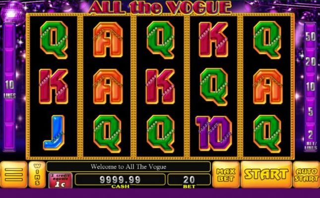 Main game board featuring five reels and 20 paylines with a $20,000 max payout.