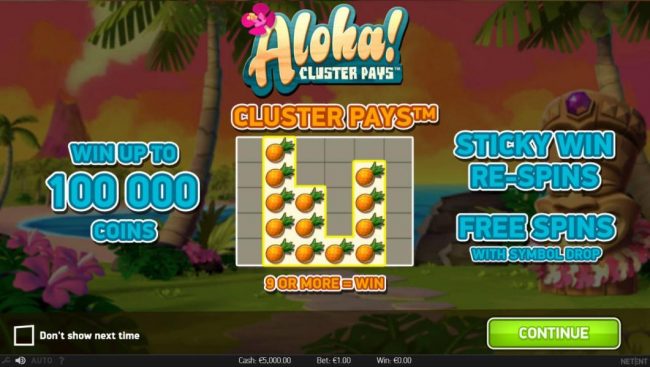 Cluster Pays - 9 or more=win. Win up to 100,000 coins. Sticky Re-Spins and Free Spins with symbol drop.