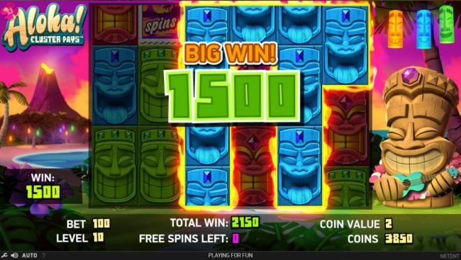 A cluster of blue masks triggers a 1500 coin big win during the free spins feature.
