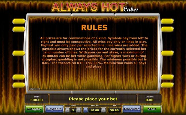 General Game Rules. The theoretical RTP for this game is 95.36%