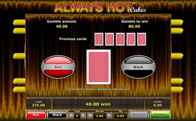 Gamble feature game board is available after every winning spin. For a chance to increase your winnings, select the correct color of the next card or take win.