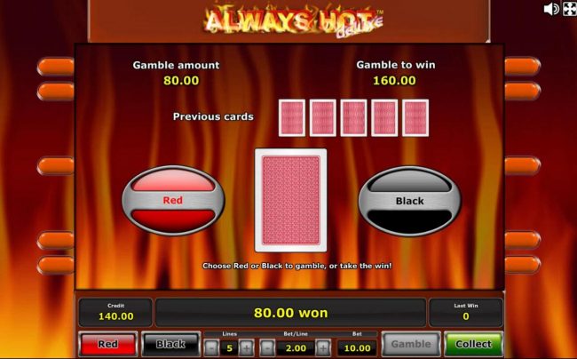 Gamble feature game board is available after every winning spin. For a chance to increase your winnings, select the correct color of the next card or take win.