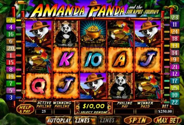 A panda bear themed main game board featuring five reels and 25 paylines with a $15,000 max payout.