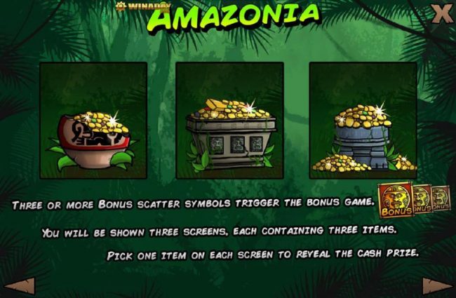 Three or more bonus scatter symbols trigger the bonus game. You will be shown three screens, each containing three items. Pick one item on each screen to reveal the cash prize.