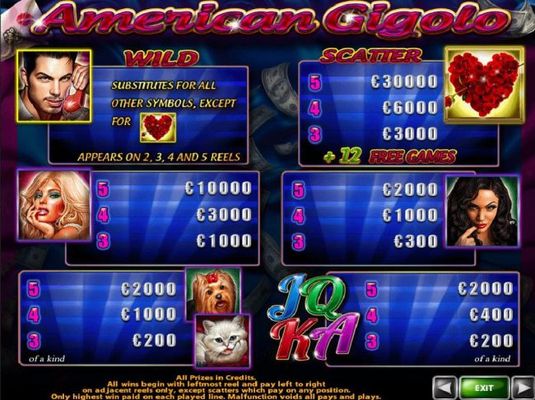 Slot game symbols paytable featuring romance inspired icons.