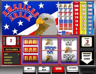main game board featuring three reels and a single payline