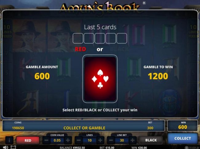 Gamble feature game board is optional and available after every winning spin. Select Red or Black or Collect your win.