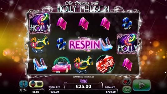 Two Holly symbols triggers the re-spin feature. reels 2, 3 and 4 will re-spin