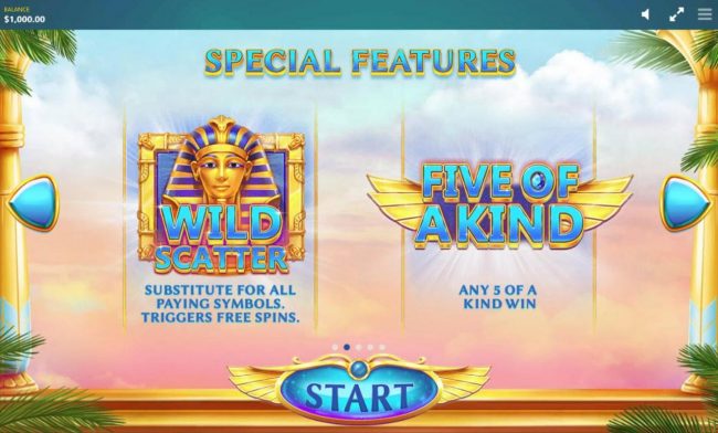 King Tut is wild and substitutes for all symbols and triggers free spins.