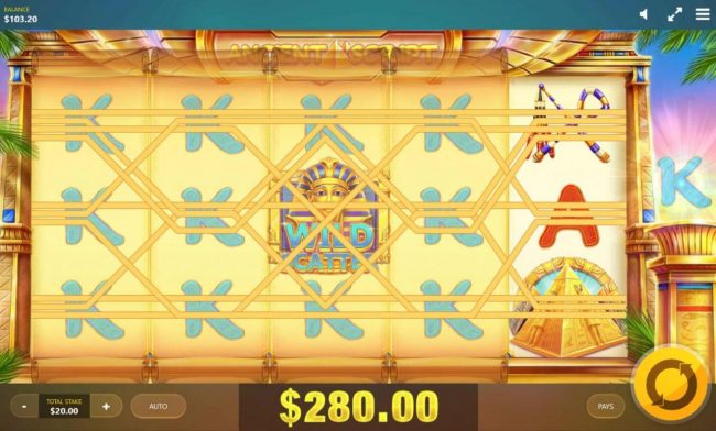 Expanding Tiles feature files reels 1-4 with the King symbol producing a 280.00 jackpot award.