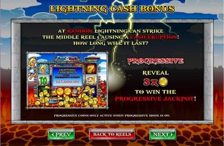 Lightning Cash Bonus - at random lightning can strike the middle reel causing a cash eruption.