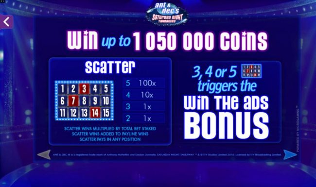Win up to 1,050,000 coins! 3, 4 or 5 scatters triggers the Win the ads Bonus.