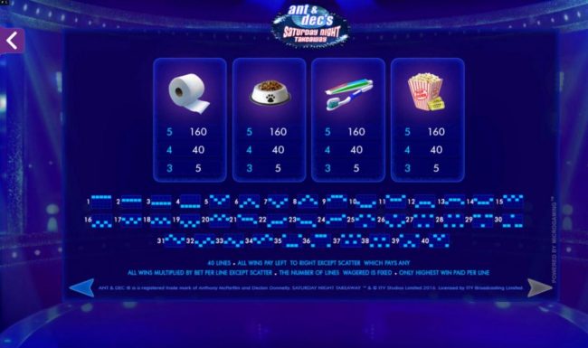 Low value game symbols paytable and payline diagrams 1-40.