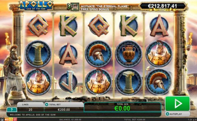 A Greek Mythological themed main game board featuring five reels and 20 paylines with a progressive jackpot max payout