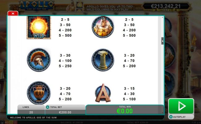 High value slot game symbols paytable featuring Greek mythological themed icons.