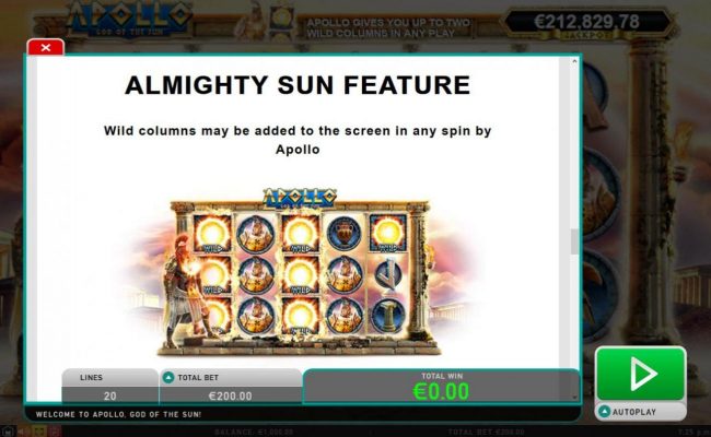 Almighty Sun Feature - Wild columns may be added to the screen in any spin by Apollo.