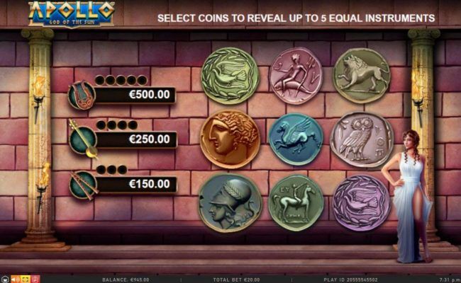Muse of Music - Pick Me Bonus - Game Board - Select coins to reveal instruments and win prizes