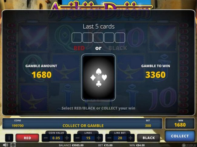 Gamble feature game board is optional and available after every winning spin. Select Red or Black or Collect your win.