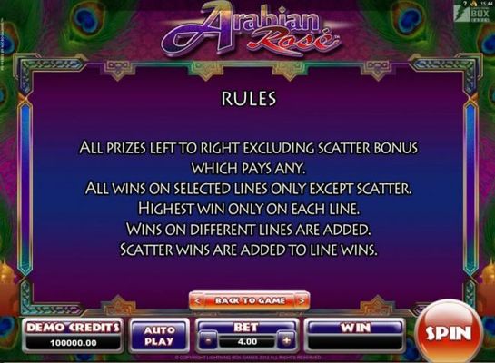Game Rules - All prizes left to right excluding scatter bonus which pays any.