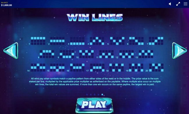 Payline Diagrams 1-20. All wins pay when symbols match a payline pattern from either sides of the reels or in the middle. The prize value is the sum staked per line, multiplied by the applicable prize multiplier as advertised on the paytable. When multipl