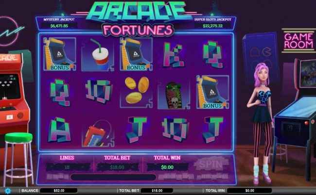 Three arcade bonus symbols triggers the Bonus feature.