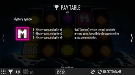 MYSTERY SYMBOL - Get 3 or more mystery symbols to win the mystery game. Any additional mystery symbols grants extra multipliers.