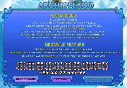 game rules, megawild feature and payline diagrams